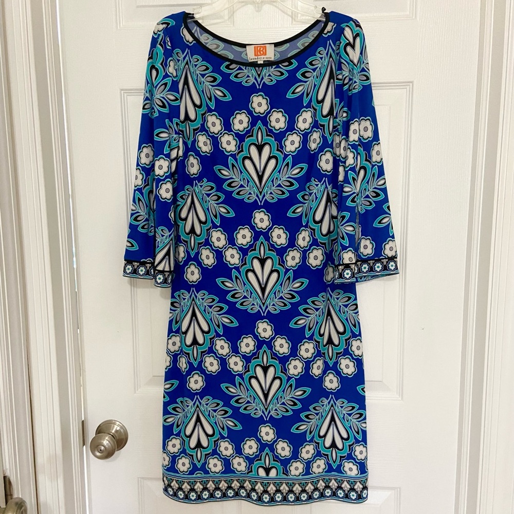 Laundry By Design dress 3/4 length bell sleeves mod style shades of blue